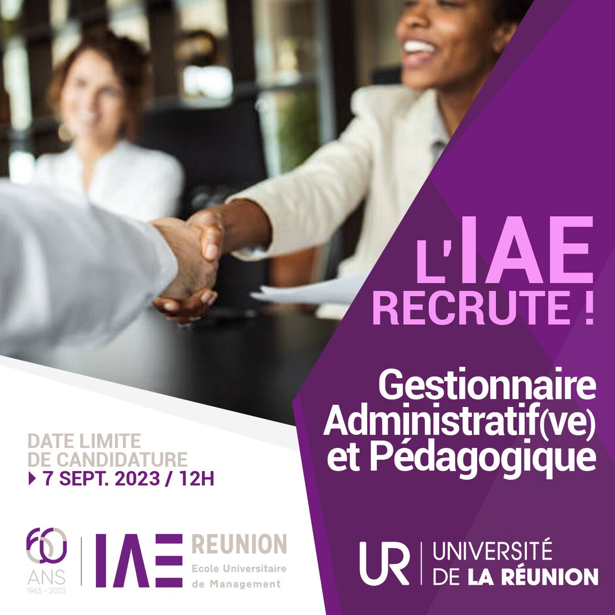 IAEREUNION's tweet photo. L’IAE Réunion recherche un(e) Gestionnaire Administratif(ve) et Pédagogique 🤝
🟣 Contrat : CDD renouvelable
🟣Contractuel de la fonction publique à compter du 18 sept. 2023
Toutes les infos sont ici : https://t.co/Z7dkoBaDfH
⚠️ Date limite de candidature : 7 sept. 2023 à 12h00 https://t.co/NtfrOuQ7k4
