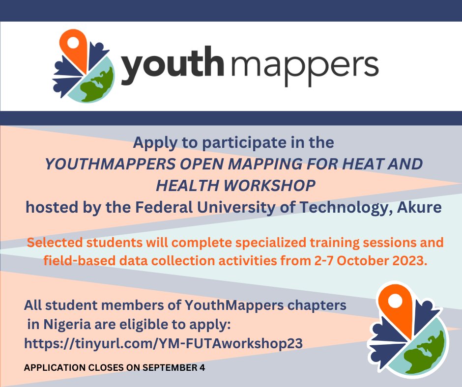 #YouthMappers chapters in 🇳🇬, check your inboxes📩 for a special invitation! Apply to join our workshop in October! You must be a student member🏫of a chapter in Nigeria, have some OSM/KoboCollect experience📲, and skills at working with a team🤝Apply by Sept 4! Follow the link⬇️