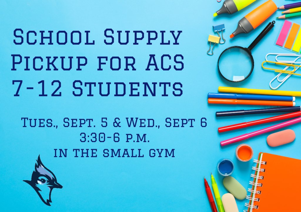 ArkportCsd's tweet photo. Students in grades 7-12 can pick up school supplies Sept. 5 &amp; 6, 3:30-6 p.m.,  in the small gym. https://t.co/56KatadZac