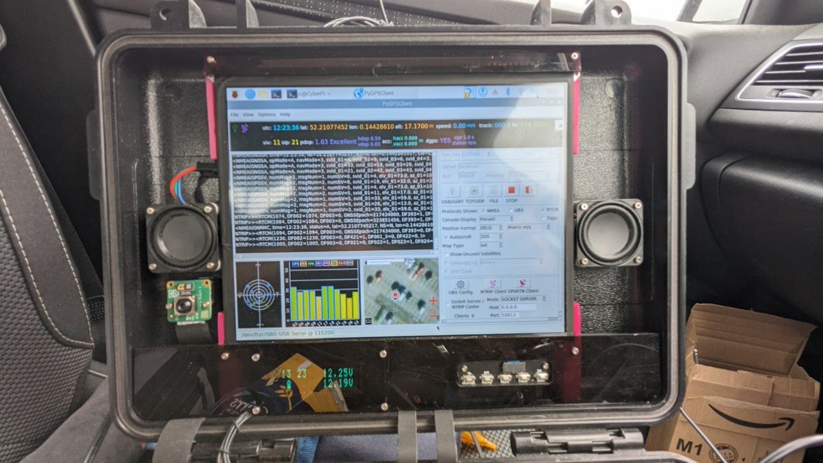 CannonFodder's tweet photo. Doing some fie.... er carpark testing of the cheap Chinese RTK GPS RX and got a fix very quickly and into RTK soon afterwards. Accuracy seems to be OK, less then 1 cm deviation π and position is variation is very little as well.
Plus point is using my #CyberPiDeck π https://t.co/t2HDyYcJ4m
