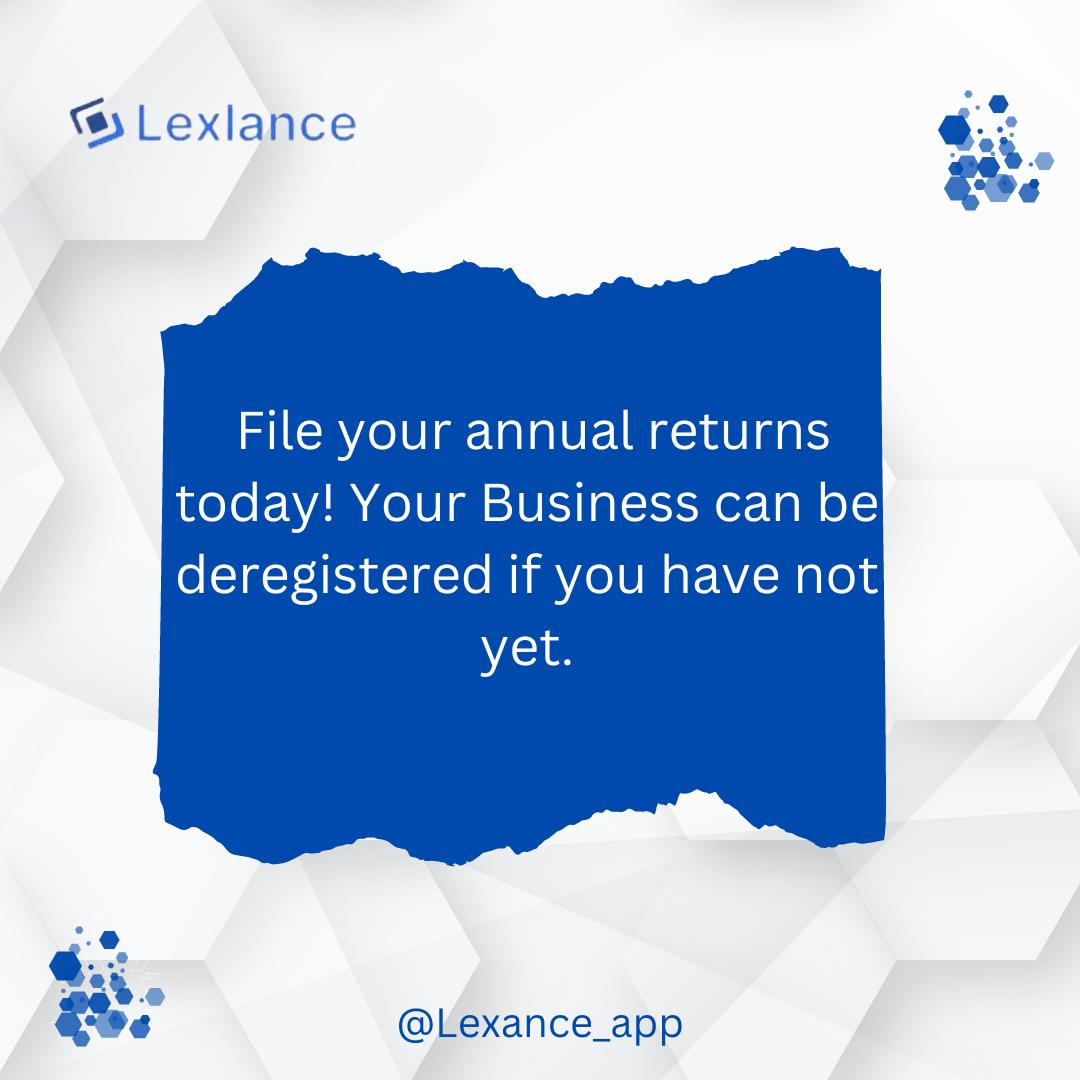 Lexlance_app's tweet photo. Annual returns: The key to business vitality! ๐๐ Don't forget to file yours and stay in the game. #BusinessCompliance #StayRegistered #Legaltips #Legaltech https://t.co/efTdFLO0jt