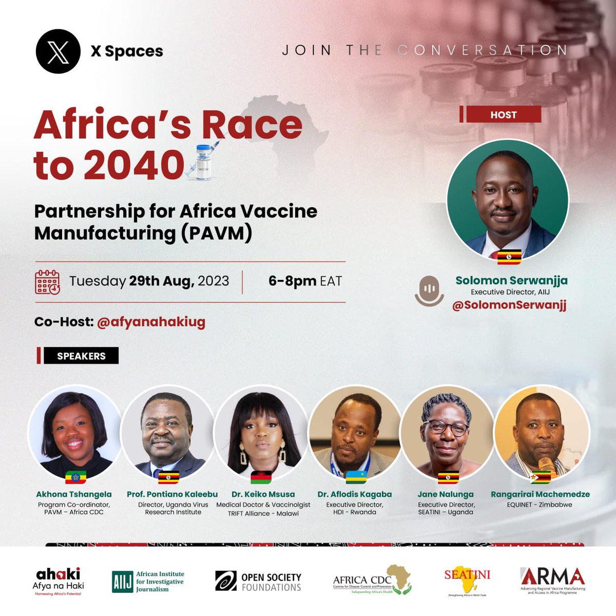 Join @SolomonSerwanjj, @AkhonaTshangela, @aflodiskagaba, @KaleebuPontiano, @SeatiniU, Keiko Msusa, and Rangarirai Machemedze for an X Space conversation on the Partnership for Africa Vaccine Manufacturing (PAVM) today at 6 to 8 PM EAT.
#AfricaRaceto2040