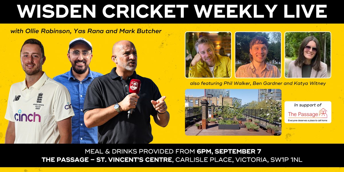 It's only <a href="/WisdenCricket/">Wisden</a> first live podcast, staged at the mighty <a href="/passagecharity/">The Passage Charity</a> in Victoria

- Curry
- Drinks
- Natter
- Minor celeb spotting

Next Thurs, Sept 7, from 6pm. 45 notes all in. Few tix still up for grabs:

bit.ly/wisden-live

Join us x