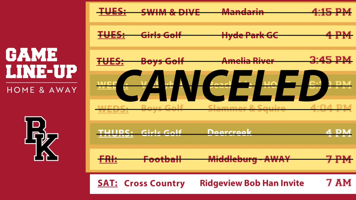 ⚠️ Due to the incoming hurricane, Idalia, the following games have been canceled. We will post rescheduled games as they come available. @BKHS_Football game against Middleburg will be rescheduled to October 20.