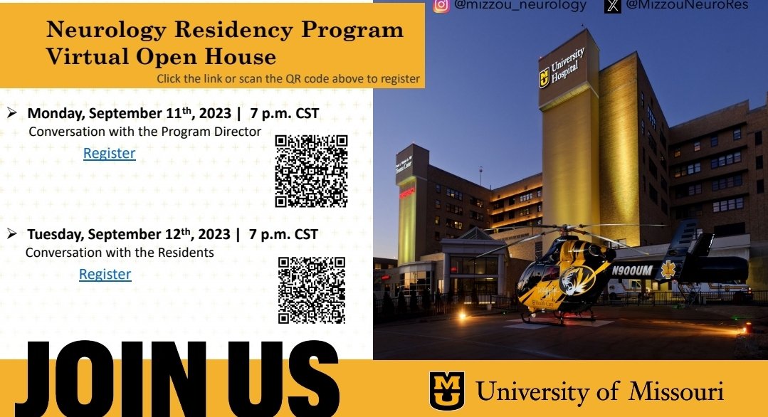 MizzouNeuroRes's tweet photo. Updated poster.

Looking forward to meeting all Neuromatch applicants on September 11th  and September 12th. 7pm CST both days.
#Match2024 
#neurotwitter 
#Neurology https://t.co/qvFlIcH7TX