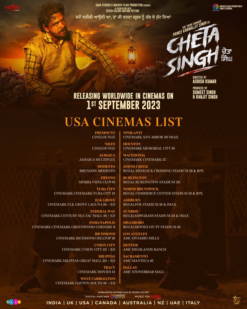 ItsPrinceKJ's tweet photo. Worldwide List of Cinemas for Cheta Singh 💣🔥

In Cinemas on 1st September

@sagastudiosofficial &amp; @nakashfilmproduction
Presents #CHETASINGH in Association with @sevencolorsofficial 

@ItsPrinceKJ official The Trend Changer 
Director : @directorashishkumar https://t.co/sX26WSB1YB