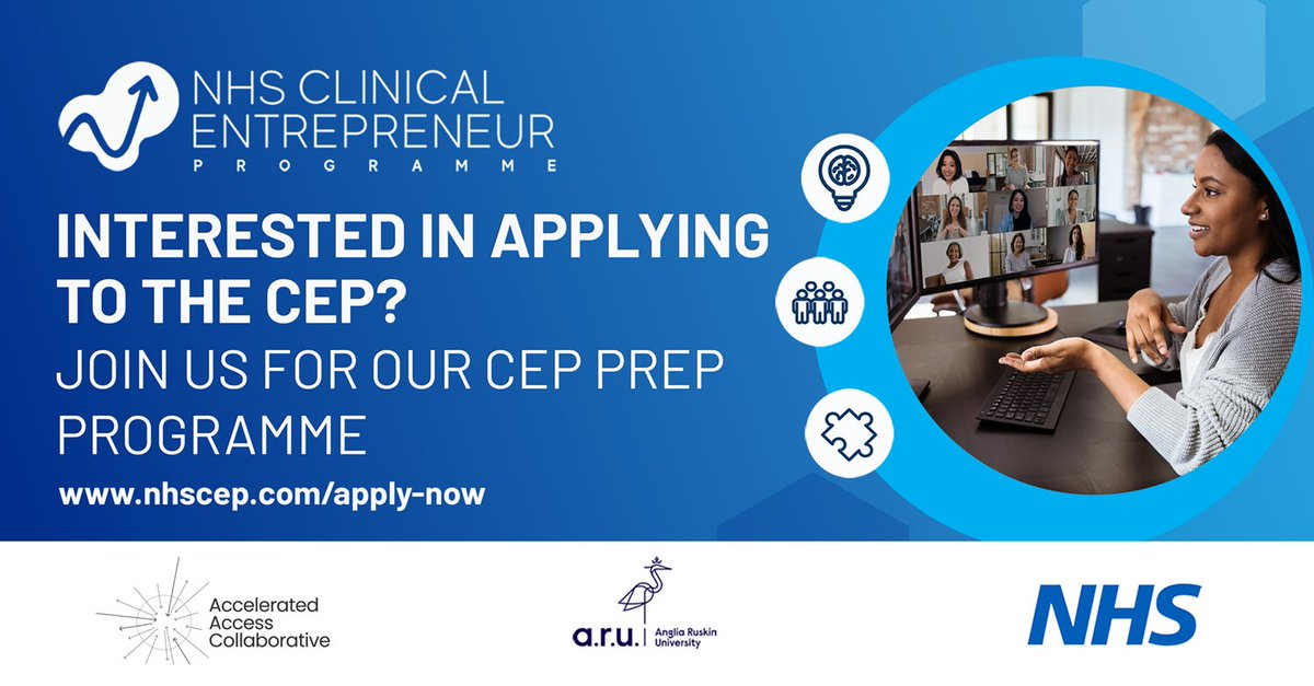 NHS Clinical Entrepreneur Programme (@nhs_cep) on Twitter photo Get application ready!
From 'Understanding your innovation' to 'perfecting your pitch' the CEP-Prep sessions aim to get you ready for when applications open this Autumn!
Click here for more information: nhscep.com/events/
<a href="/DrTonyYoung/">Tony Young</a> <a href="/AACinnovation/">Accelerated Access Collaborative</a> #nhscep #innovation Get application ready!
From 'Understanding your innovation' to 'perfecting your pitch' the CEP-Prep sessions aim to get you ready for when applications open this Autumn!
Click here for more information: nhscep.com/events/
<a href="/DrTonyYoung/">Tony Young</a> <a href="/AACinnovation/">Accelerated Access Collaborative</a> #nhscep #innovation