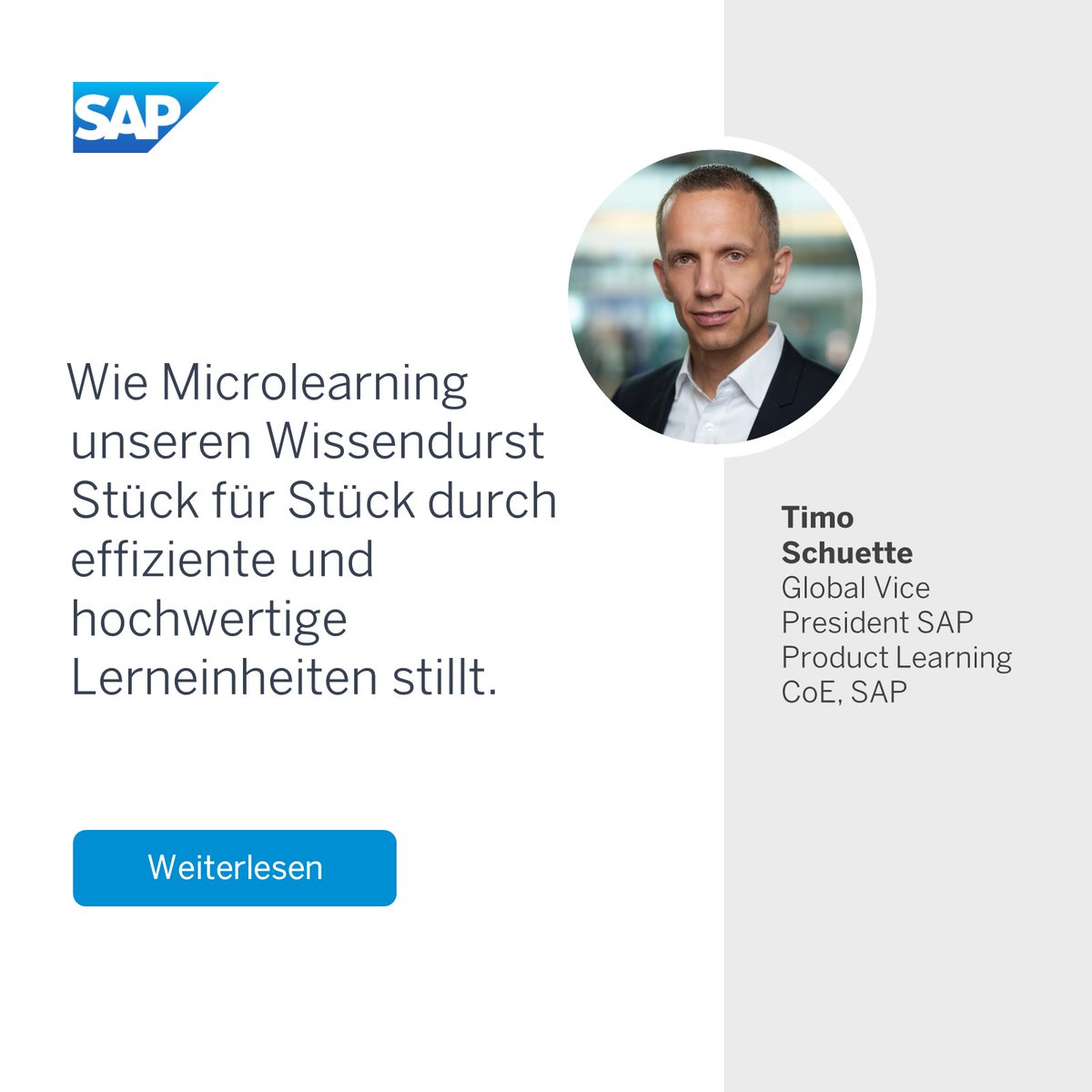 MrsSaraStritt's tweet image. Tauchen Sie ein in die Welt des Microlearnings und erfahren Sie von Timo Schuette, Global Vice President SAP Product Learning CoE, #SAP, wie häppchenweises Lernen eine große Wirkung erzielen kann. imsap.co/6013PsnVV #SAPLearning