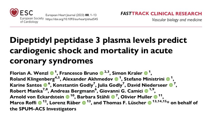 Dipeptidyl peptidase 3 in ACS 👉🏻 Novel marker of #cardiogenicshock 👉🏻 Predicts mortality 👉🏻 Linked to MI size 👉🏻 Therapeutic target @TomLuscher @RaberLorenz @cescobruno @RoffiMarco @DavidNiederseer @Ste_MNS @SwissCardio @CotSwiss @UZH_ch @cmc_uzh @ESC_Journals #CardioTwitter