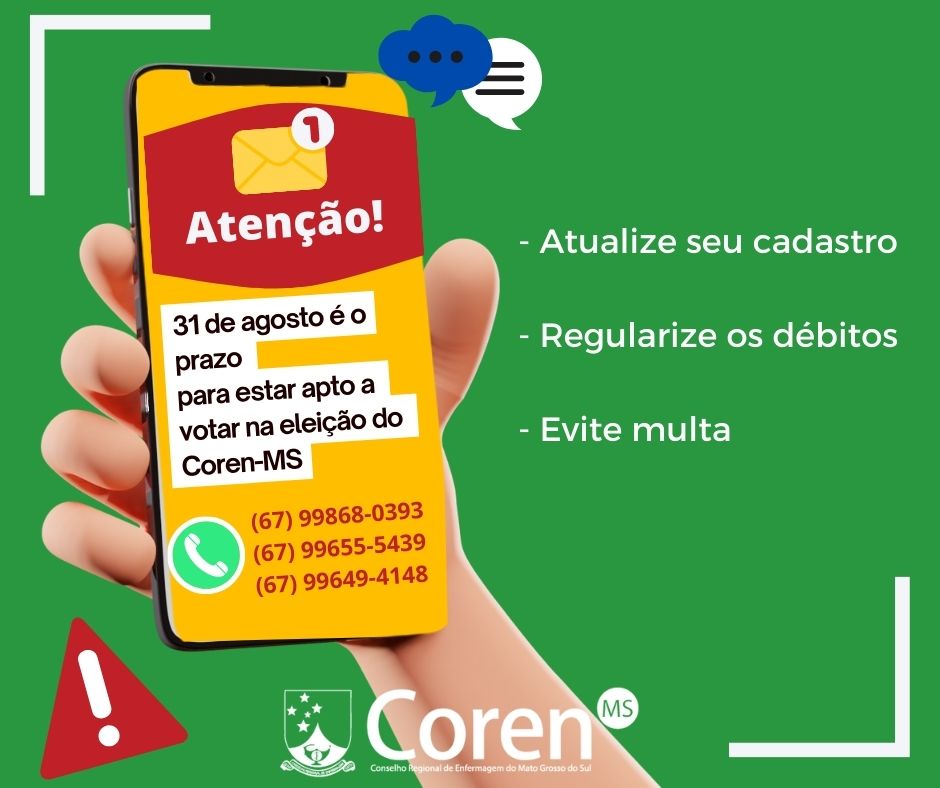 CorenMS's tweet image. Para facilitar o atendimento o Coren-MS disponibiliza novos números de WhatsApp para atualização de cadastro e regularização de débitos:
(67) 99868-0393
(67) 99655-5439
(67) 99649-4148