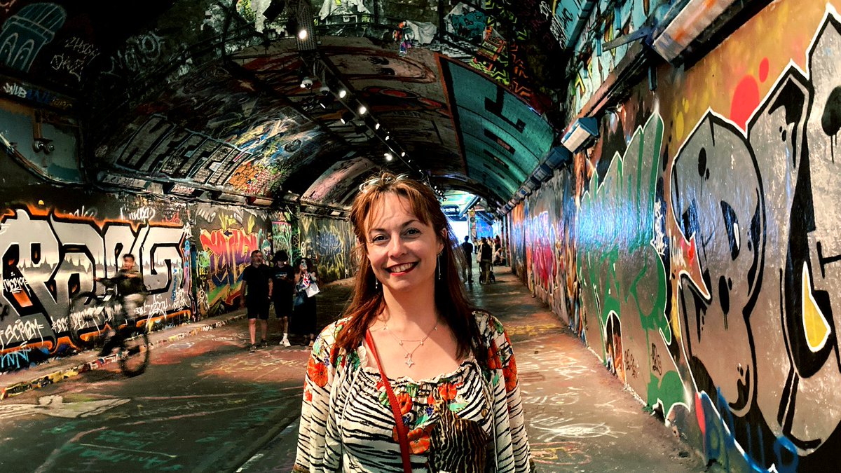 dragonflysky's tweet photo. Amy in urban camouflage trying to blend in on a recent trip to London. And check out wheeley guy on the left! 
#london #hipster #wheely #urban #graffiti #spraypaint #art #urbanart #tunnel https://t.co/5wFMiKPq9e