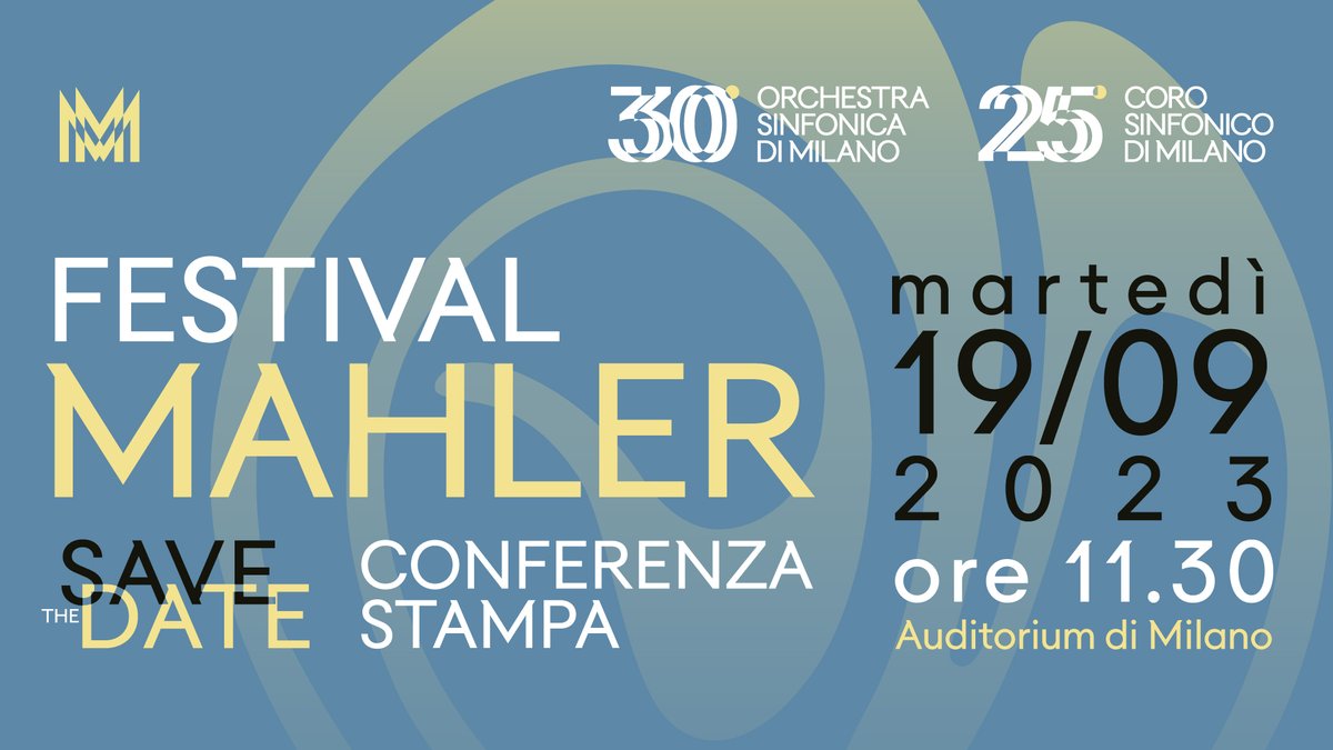 📌#SaveTheDate Martedì 19 settembre alle 11.30 all'Auditorium di Milano si terrà la Conferenza Stampa di presentazione del #FestivalMahler l'inedita iniziativa in programma dal 22.10 al 13.11 all'Auditorium di Milano. Info e dettagli su bit.ly/45vew8q