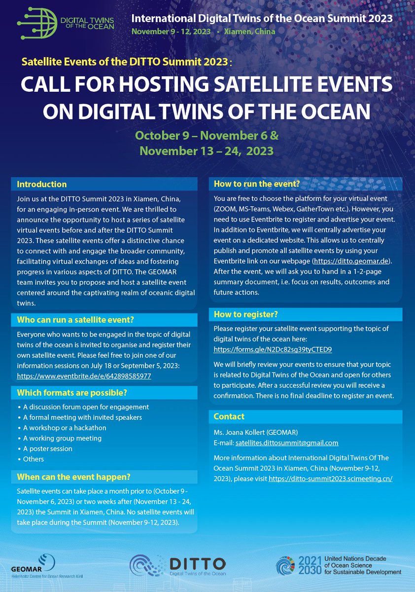 Can't make it to the international #dittosummit2023 in person? No problem - you can register your virtual satellite event about Digital Twins of the Ocean. More information here: shorturl.at/HINVW #digitaltwins #oceandecade