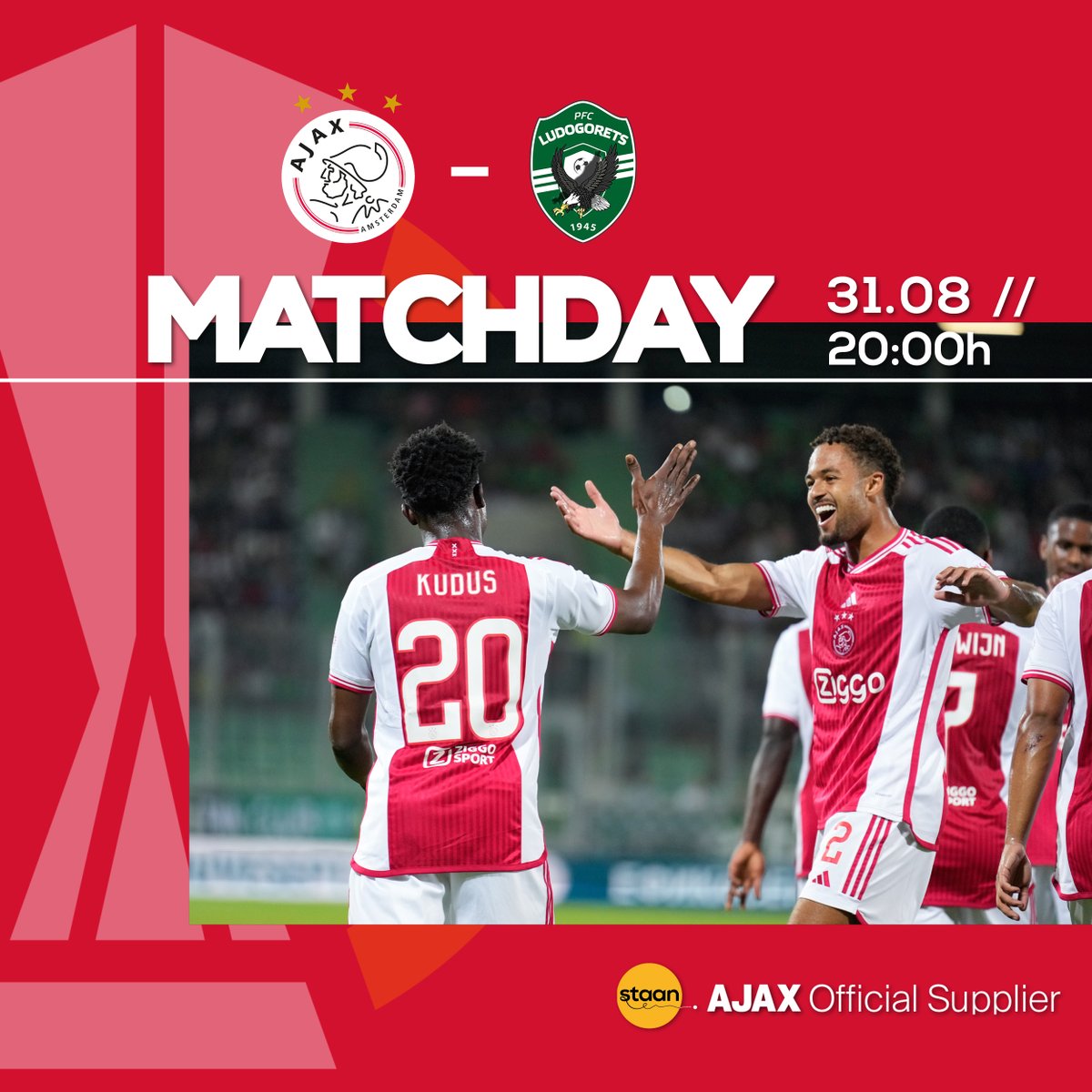 𝐌𝐚𝐭𝐜𝐡𝐝𝐚𝐲! ⚽️
Stellen wij vanavond onze plek in de Europa League veilig? 
 
#WijStaanvoorAJAX ❌❌❌ #AjaLud