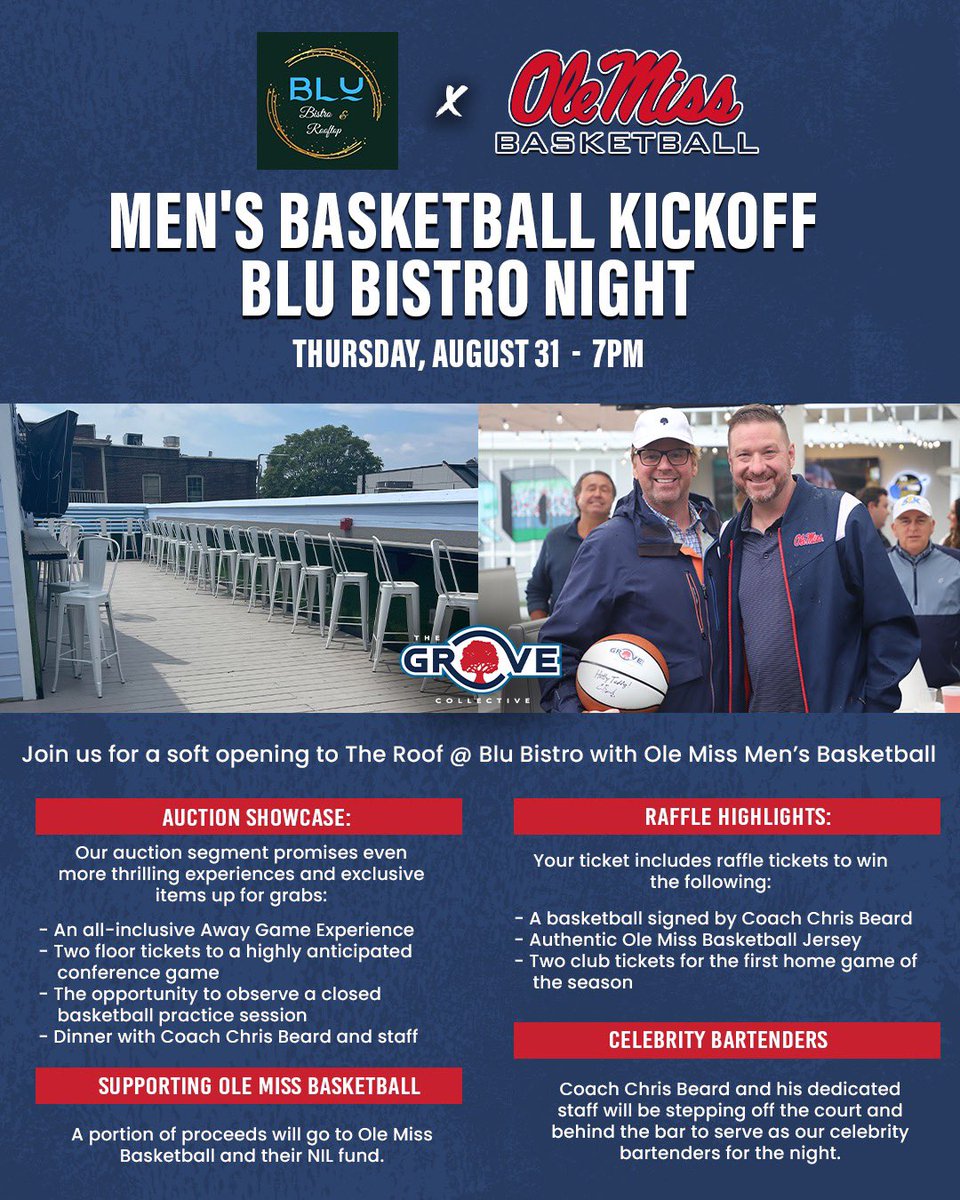 The Grove Collective (@grovecollectnil) on Twitter photo Join Coach Beard and <a href="/OleMissMBB/">Ole Miss Men’s Basketball</a> for a special night at @blubistrorooftop on Thursday night from 7-10. 🏀
There will be raffles, auctions and more! Grove Collective members will have discounted prices for entry. Limited to the first 100 people. Sign up at the link below! 🔵🔴 Join Coach Beard and <a href="/OleMissMBB/">Ole Miss Men’s Basketball</a> for a special night at @blubistrorooftop on Thursday night from 7-10. 🏀
There will be raffles, auctions and more! Grove Collective members will have discounted prices for entry. Limited to the first 100 people. Sign up at the link below! 🔵🔴
