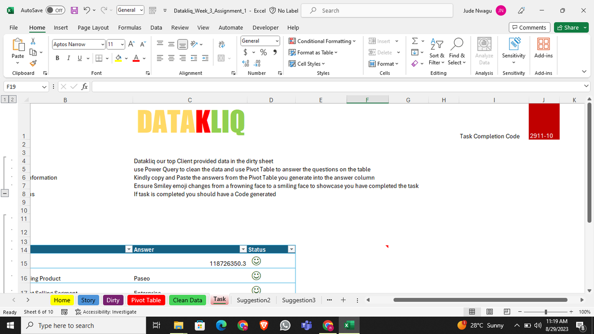 jcndata's tweet image. Day 12-19: I did data cleaning on different dataset, rewatch various lesson on power query &amp;amp; pivot table from @Datakliq @wisabiHQ @Alex_TheAnalyst @SimonSezIT 
finally completed an assignment wk3 from @DataKliq #100daysofDAwithDatakliq #DataFestAfrica2023 #data #DataAnalytics 👇