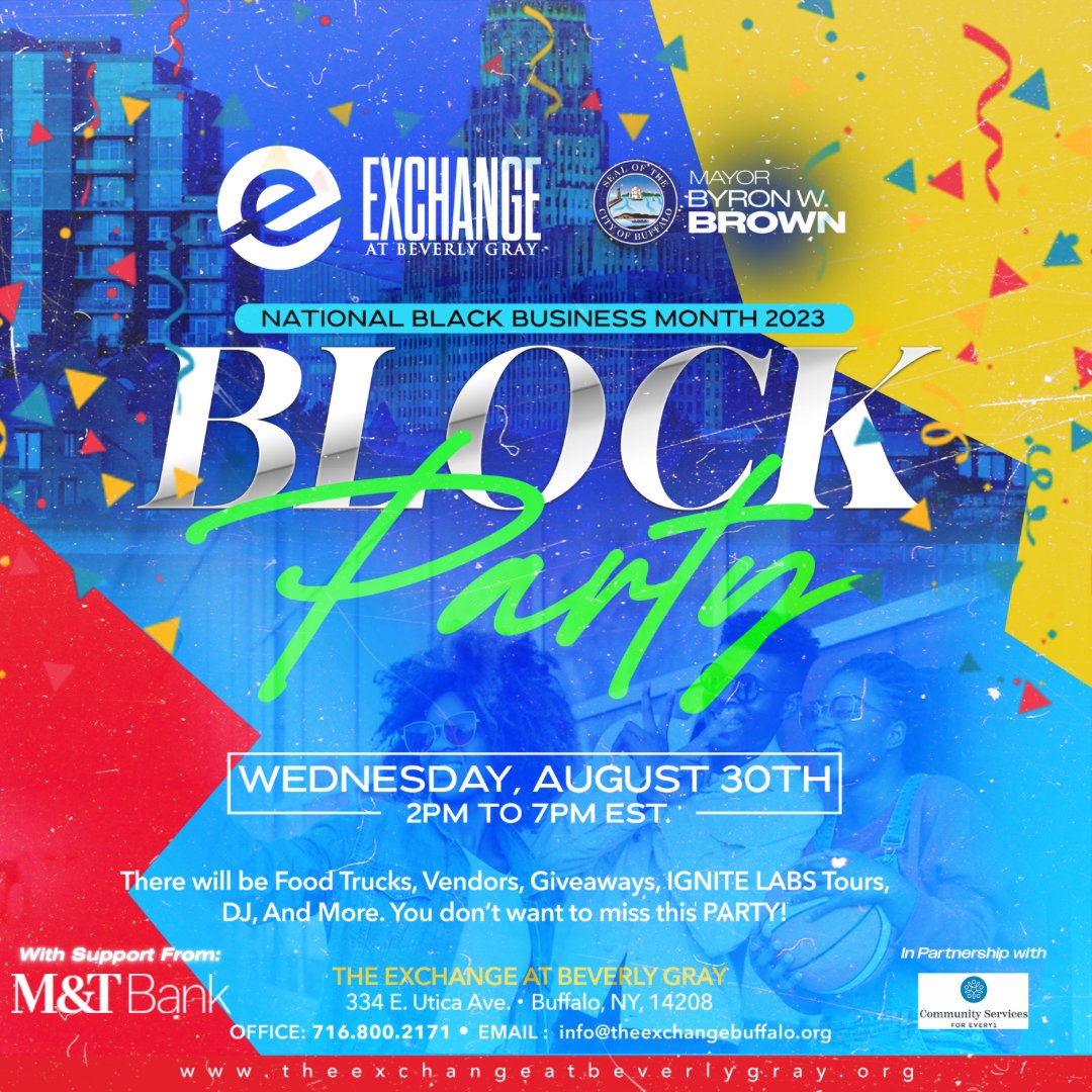 TheExchangeBG's tweet photo. Tomorrow at The Exchange we will be having out #NBBM block party. Come party with us as we celebrate the future of black entrepreneurs in our Buffalo communities. Don't miss out on giveaway's, food trucks, music, vendors, and Ignite Lab Tours! We can't wait to see you all there! https://t.co/ouM0CpKGac