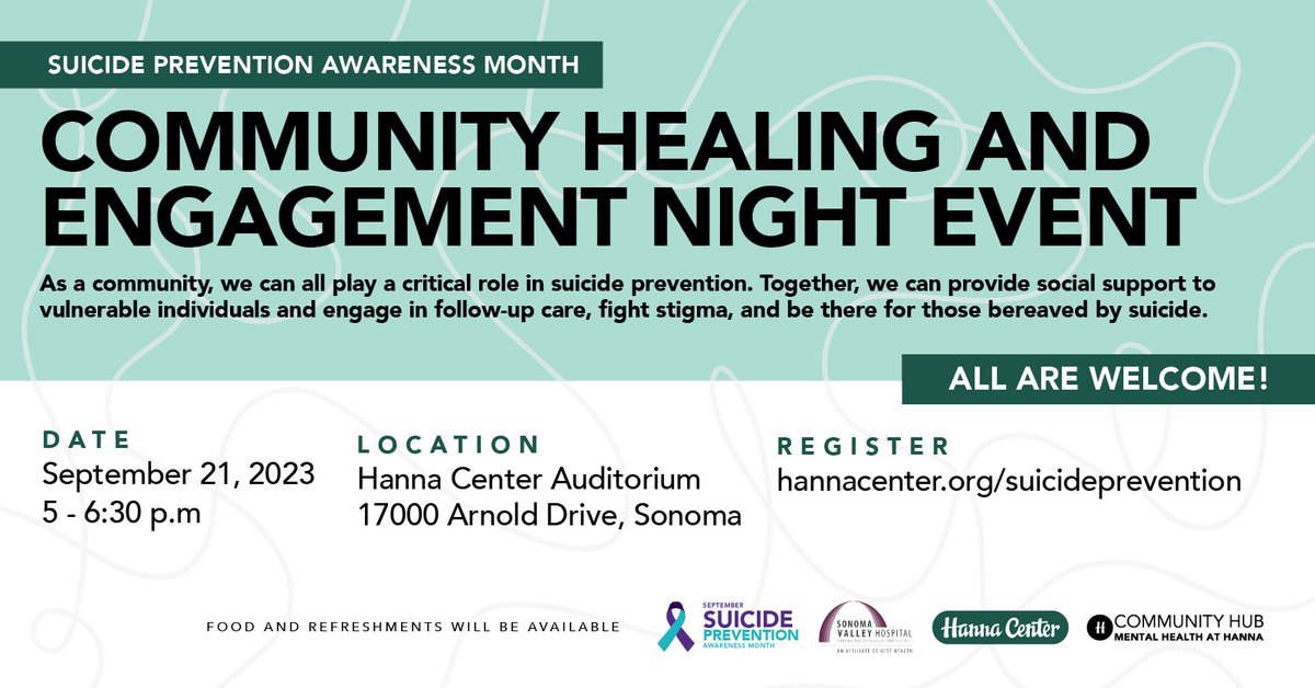 Hanna Center (@hanna_center) on Twitter photo September is Suicide Prevention and Awareness Month and the Community Mental Health Hub at Hanna in partnership with <a href="/SVHospital/">Sonoma Valley Hospital</a> is hosting 'Community Healing and Engagement Night' on 9-21, designed to provide support for those impacted by suicide . bitly.ws/TaCj September is Suicide Prevention and Awareness Month and the Community Mental Health Hub at Hanna in partnership with <a href="/SVHospital/">Sonoma Valley Hospital</a> is hosting 'Community Healing and Engagement Night' on 9-21, designed to provide support for those impacted by suicide . bitly.ws/TaCj