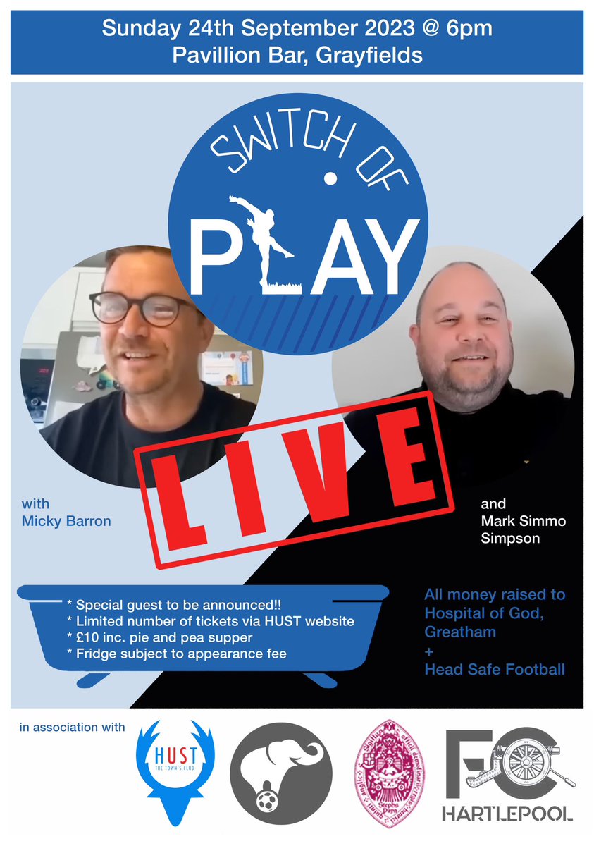 🎙️ Excited (and perhaps a little nervous) to announce we're doing our first live #SwitchOfPlay in Hartlepool on Sunday 24th September!

Tickets are on sale now with all proceeds split between two very worthwhile charities.

We'd love to see you there!

<a href="/HUST_1908/">HU Supporters Trust</a> | #Pools #HUFC