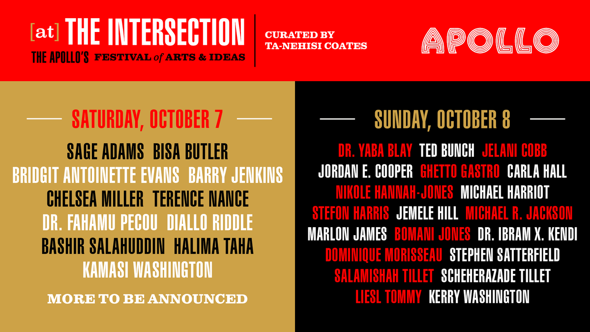 Kamilah Forbes (@kamilahf) on Twitter photo I still can’t believe we’re fitting all of this Black genius into one weekend! Check out a breakdown of what’s going on each day 👇🏾
<a href="/jemelehill/">Jemele Hill</a> , <a href="/BarryJenkins/">Barry Jenkins</a>, @kerrywashington and more will join us for #atTheIntersection, curated by Ta Nehisi-Coates!
apollotheater.org/event/at-the-i… I still can’t believe we’re fitting all of this Black genius into one weekend! Check out a breakdown of what’s going on each day 👇🏾
<a href="/jemelehill/">Jemele Hill</a> , <a href="/BarryJenkins/">Barry Jenkins</a>, @kerrywashington and more will join us for #atTheIntersection, curated by Ta Nehisi-Coates!
apollotheater.org/event/at-the-i…