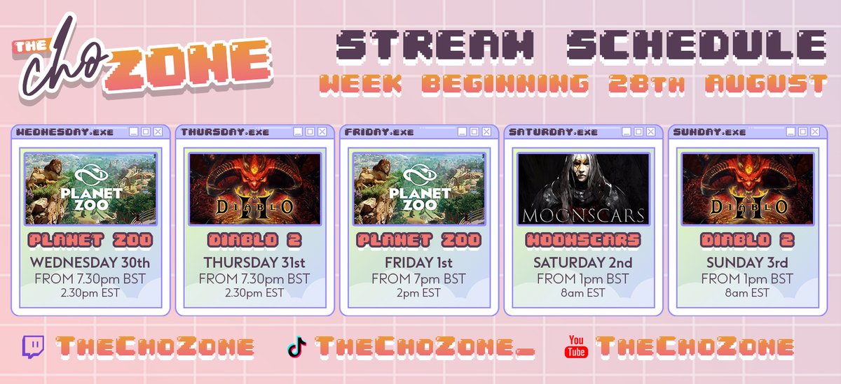 This weeks streaming schedule! 

Wednesday - Planet Zoo - NEW ZOO! 

Thursday - Diablo 2 

Friday - Chilled Planet Zoo stream 

Saturday 1pm - Moonscars (potenially might have to cancel this one) 

Sunday 1pm - Diablo 2 for 4/5 hours

twitch.tv/TheChoZone

#Twitch #PlanetZoo