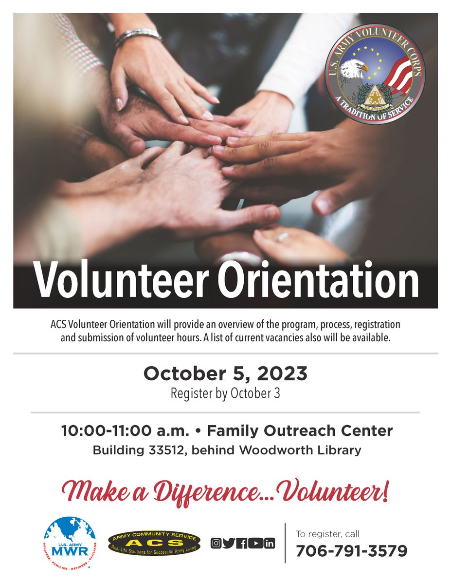 Want to find out how you can volunteer on the installation and the different opportunties available? Register now for ACS's October Volunteer Orientation. Registration closes on the 3rd.

For more info or to sign up, call 706-791-3579.

#GordonMWR #ACS #Volunteer