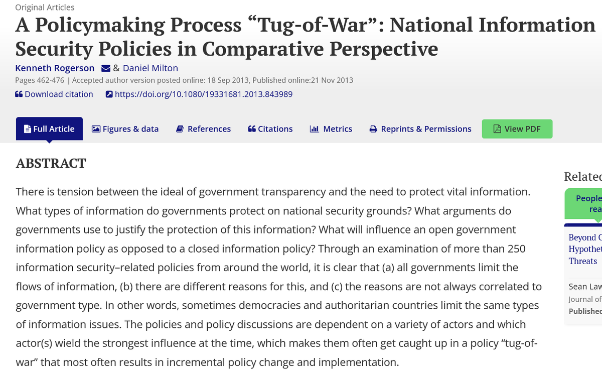 JITP_APSA's tweet photo. Drs. @rogerson &amp; @Dr_DMilton explore how governments decipher what types of information they share with the public to protect national security 🔒

✅Government type is not always correlated with reasons for limiting the flow of information.

https://t.co/QZB41O8xVP

#democracy https://t.co/lGUbN0MFbx