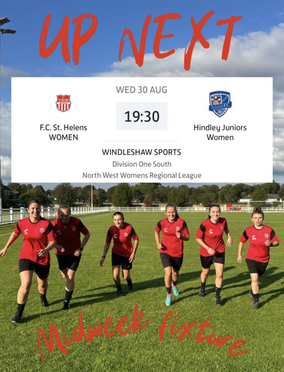 fcsthelenswomen's tweet photo. MIDWEEK FIXTURE❗️

We welcome @HJFCWomen to Windleshaw Sports on Wednesday evening 30th August for a league fixture. 

Please come along and show your support for the FC Women 🔴⚪️

7.30pm KO 

#UpTheStripes https://t.co/RhfjyLRweE