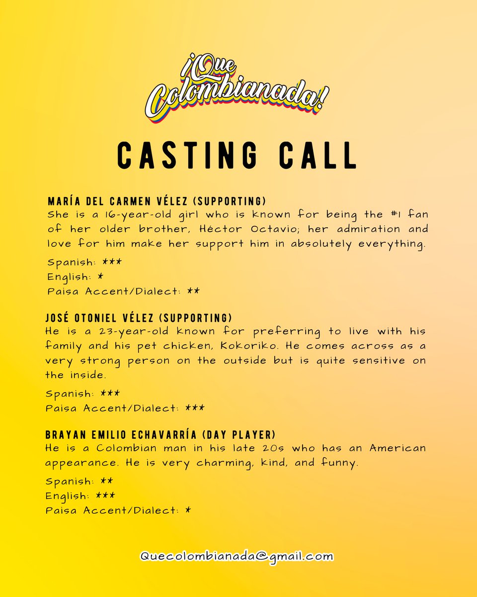 🚨CASTING CALL! 🚨

The casting call for the short film “Que Colombianada” by Samuel Vargas is officially open. We invite you to apply through Backstage or our email.

backstage.com/casting/que-co…

For more information, contact us at our email or DM us.

#miamicastingcall