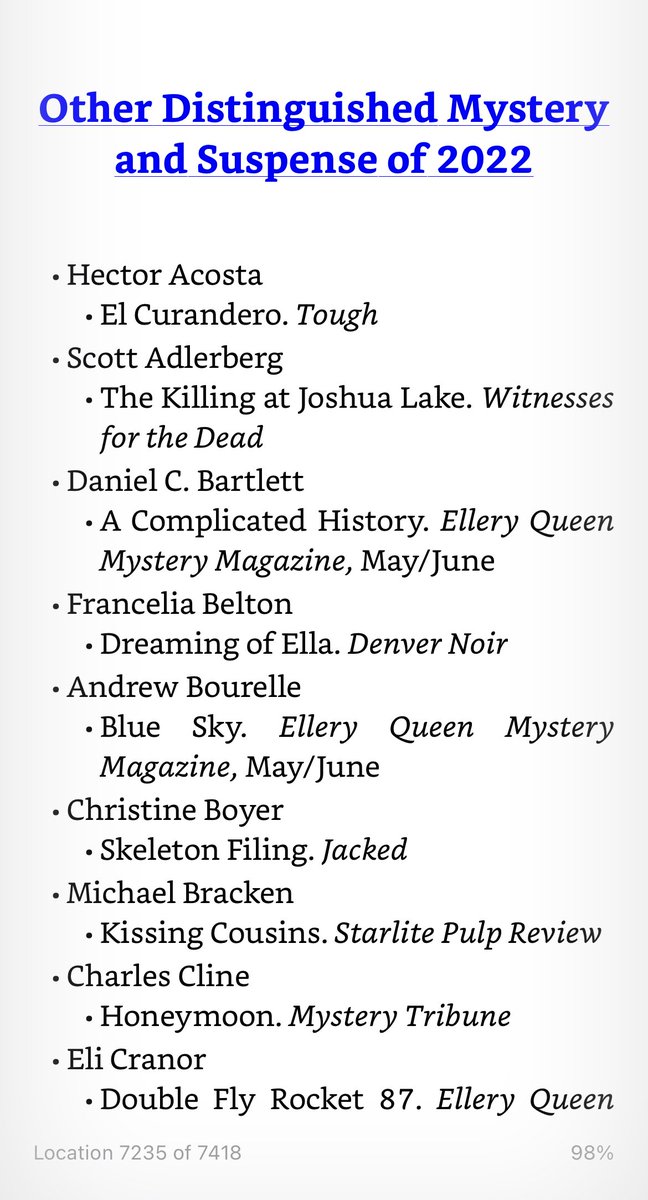 Thanks to @mgnlcs for posting a list of the 'Other Distinguished' stories from the forthcoming Best American Mystery and Suspense 2023. It was a fun surprise to see my name! Thanks, of course, to editor @stephycha for including the story on the list and @eqmm for publishing it.