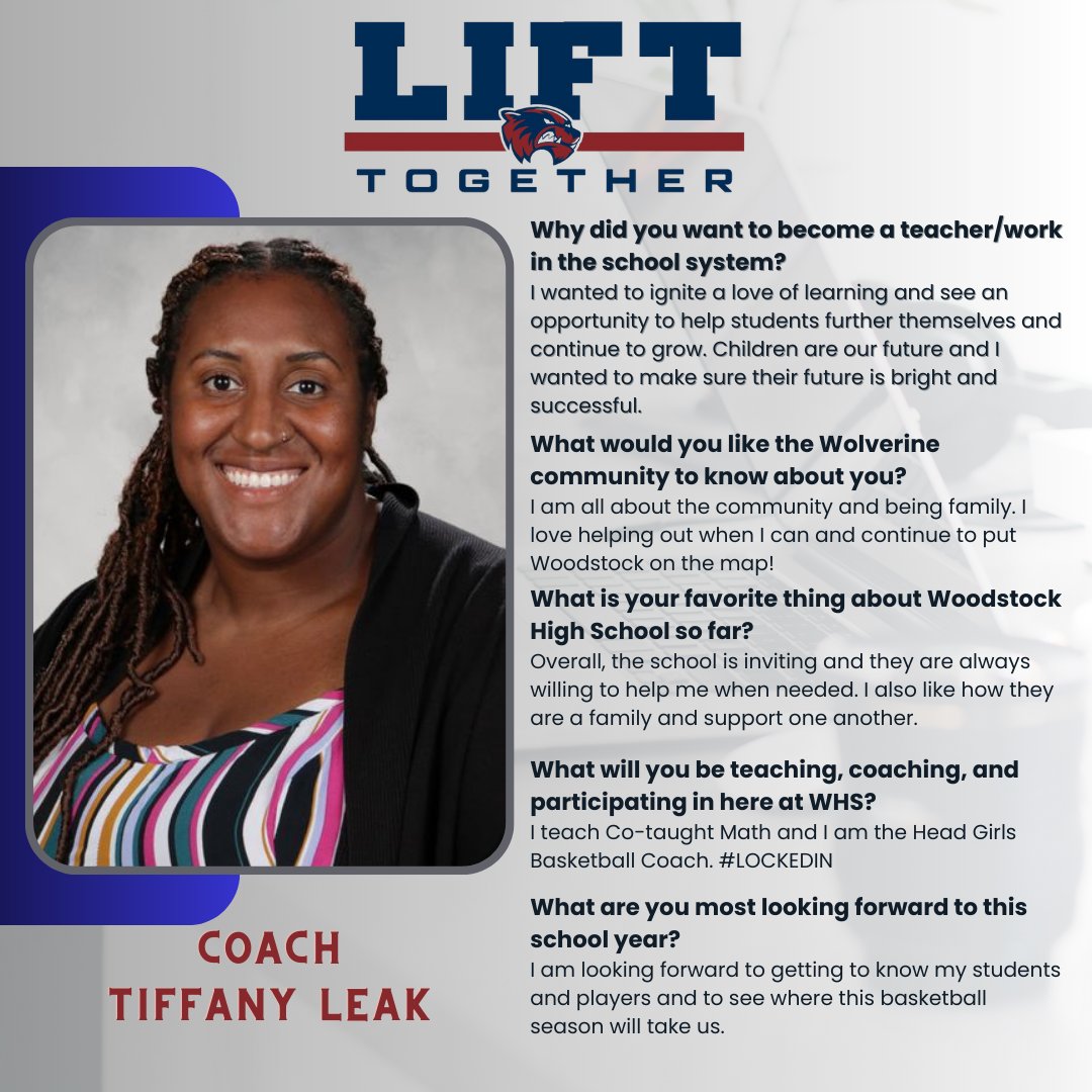 Please help us welcome Coach Tiffany Leak. She is joining us in the math department and will serve as the new head coach for girls basketball! She has already made such a tremendous impact. Welcome, Coach Leak!

#1Woodstock
