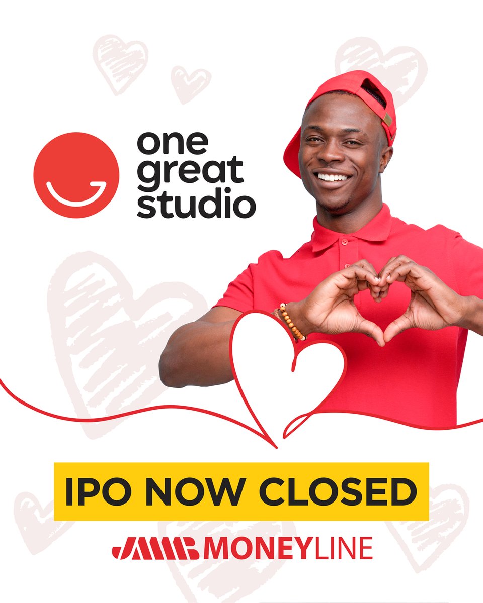 JMMBGroupJA's tweet photo. The One Great Studio IPO is now closed. Thank you to everyone who participated in this offer. ❤

If you don't have a JMMB EMMA account, visit our website at https://t.co/xW47xgQ3Nm to learn how to open an account.

#IPO
#JMMB
#Moneyline
#OneGreatStudio https://t.co/9rwf3D0hUE