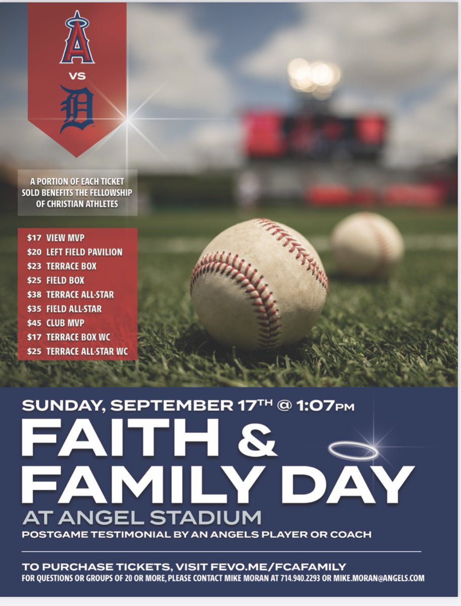 NateGreen34's tweet image. Faith & Family Day @ The Big A Sun. Sept. 17 @ 1:07 as the @Angels take on the Tigers! Discounted tickets available starting at $17 each, & a portion from each ticket goes directly back to FCA. Stay for post-game testimonial by an Angels player or coach!
Fevo.me/fcafamily