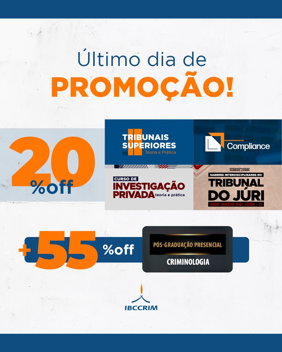 Hoje é o último dia para dar um passo à frente na sua carreira jurídica com desconto de 20% em todos os cursos do IBCCRIM!

Não deixe escapar essa chance de aprimoramento. 

Aproveite o último dia da promoção e inscreva-se agora mesmo.