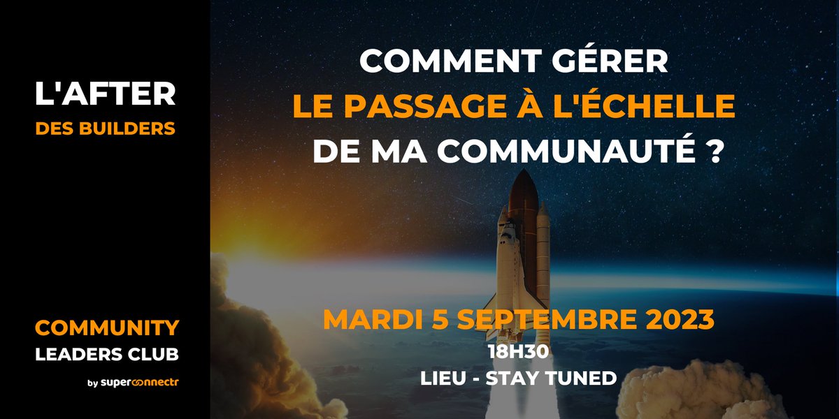 SuperConnectr (@superconnectr_) on Twitter photo 📆 "Comment gérer le passage à l'échelle de ma communauté?"
👉#AfterdesBuilders du Community Leaders Club by <a href="/SuperConnectr_/">SuperConnectr</a> afin de vous aider dans l'animation et le développement de votre communauté 😀
RDV Mardi 5/09 à 18h30 à Lyon /Inscrivez-vous: eventbrite.fr/e/billets-laft… 📆 "Comment gérer le passage à l'échelle de ma communauté?"
👉#AfterdesBuilders du Community Leaders Club by <a href="/SuperConnectr_/">SuperConnectr</a> afin de vous aider dans l'animation et le développement de votre communauté 😀
RDV Mardi 5/09 à 18h30 à Lyon /Inscrivez-vous: eventbrite.fr/e/billets-laft…
