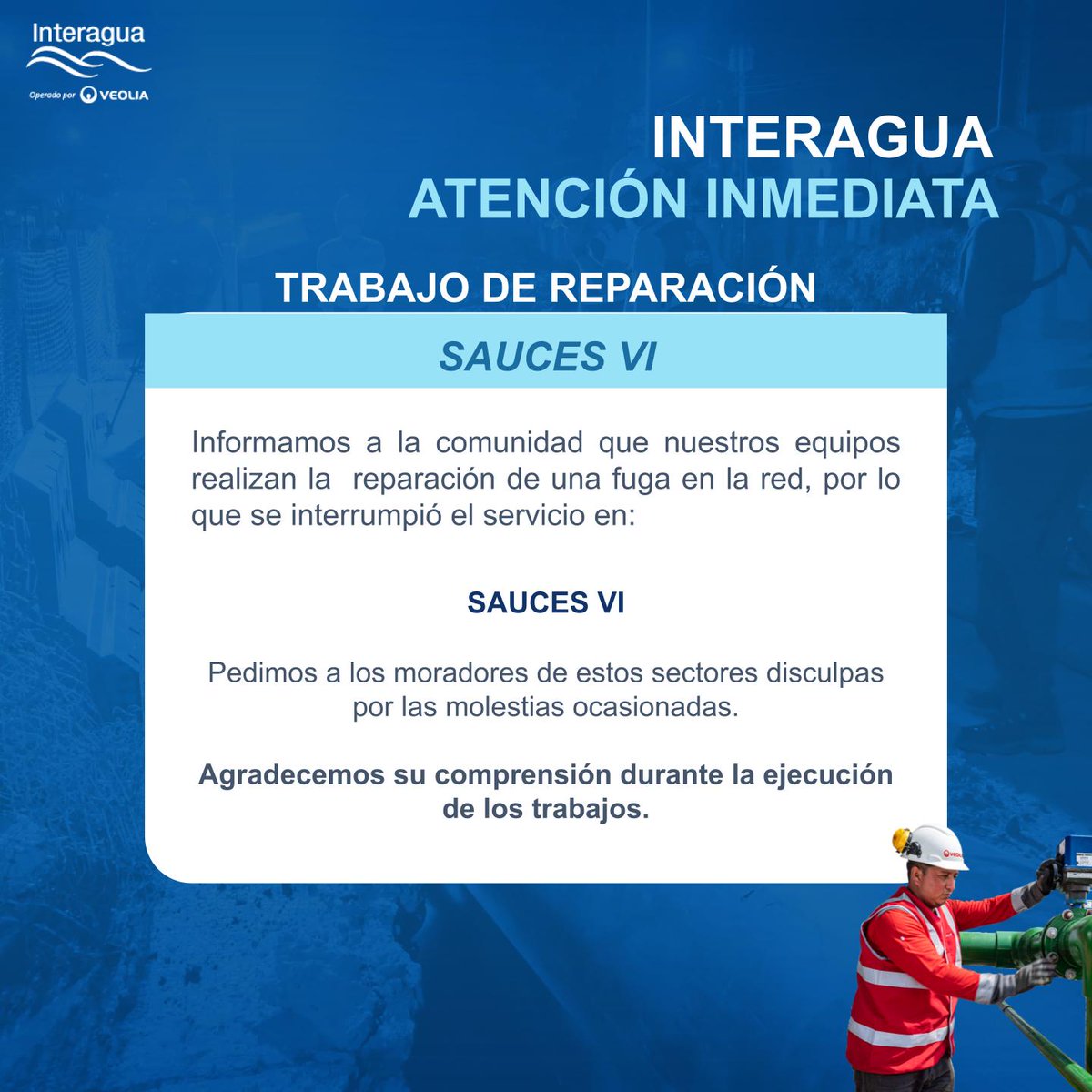🧑‍🏭#TrabajoEmergente Informamos a la comunidad #sauces6  que nuestros técnicos se encuentran realizando trabajos para la reparación de fuga emergente que afecta al sector.

📢Manténgase informado por nuestros canales oficiales.