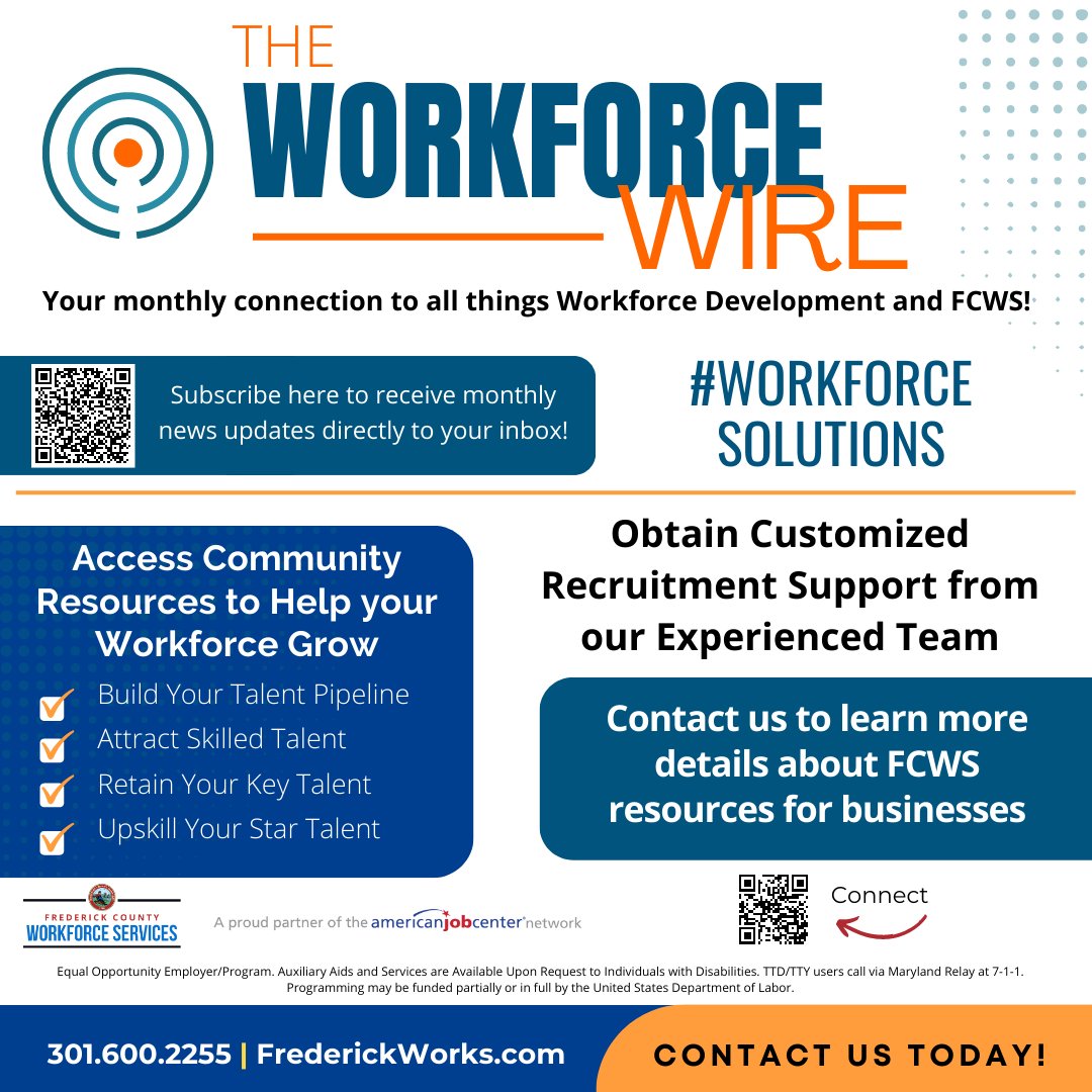 Don't miss the latest news, insights and resources delivered directly to your inbox! Subscribe to The Workforce Wire, our monthly e-newsletter, and gain access to all things #Workforce. #Retention #Training #TalentPipeline #BusinessInFrederick ow.ly/JTZY50OfLsQ