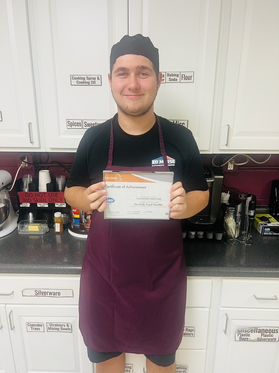 We have been practicing our food safety since being back this year. This guy rocked his assessment today and is officially Food Handler Certified! Congrats, Ted! 🎉 #redbud132 #redbudhs