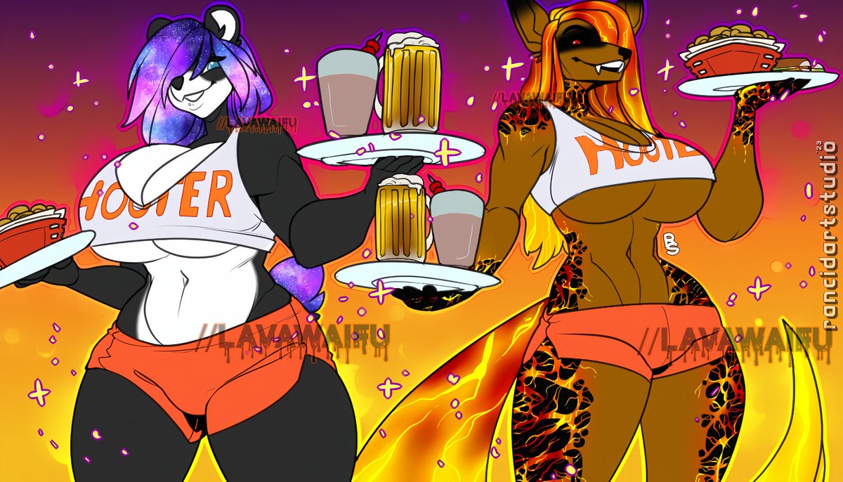 Ursa: Hi! Welcome to Hooters! Would you like to try our new ghost pepper wings??
Vesuvia: You want a side order of snu snu with that? 

Artist: @RancidArtStudio 
OCs: Ursa Majora (Left) 
Vesuvia Pyralis (Right)
Owner: Vesuvia Pyralis: facebook.com/torii.foxx.92?…