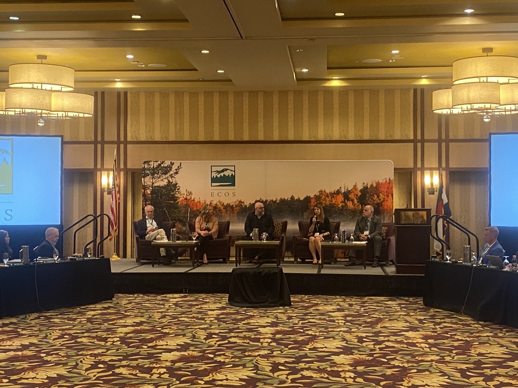 ECOStates's tweet photo. ECOS Land &amp; Materials Committee Chair &amp; Region 1 Executive Committee Representative Terry Gray of @RhodeIslandDEM moderates discussion on partnerships in materials management and approaches to optimize reuse and recycling of materials. #ECOSFall23 https://t.co/YmvYXJRcRF