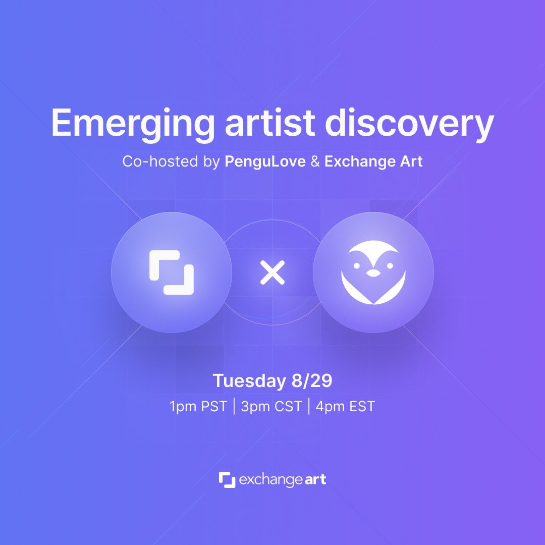 exchgART's tweet image. Back it again with @PenguloveNFT 🐧

Every Tuesday we get our Pengu friends out of the igloo and collaborate on a space designed to inform, inspire, and uplift an important segment of the market- the emerging artists! 

See you at 4pm EST. 

Set your reminders ⬇️