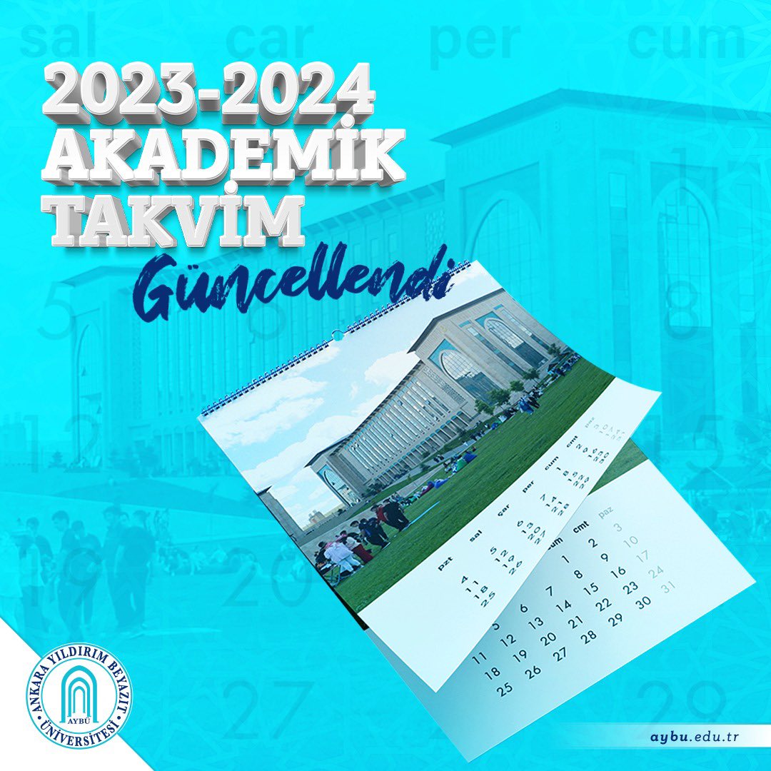 AYBÜ 2023-2024 Akademik Yılı güz dönemi için derslerin başlama tarihleri güncellenmiştir.

Sevgili öğrencilerimize başarılı bir akademik yıl dileriz.

Güncel akademik takvime aşağıdaki bağlantıdan ulaşabilirsiniz👇

aybu.edu.tr/oidb/tr/sayfa/…

<a href="/acengizkoseoglu/">Ali Cengiz Köseoğlu</a>