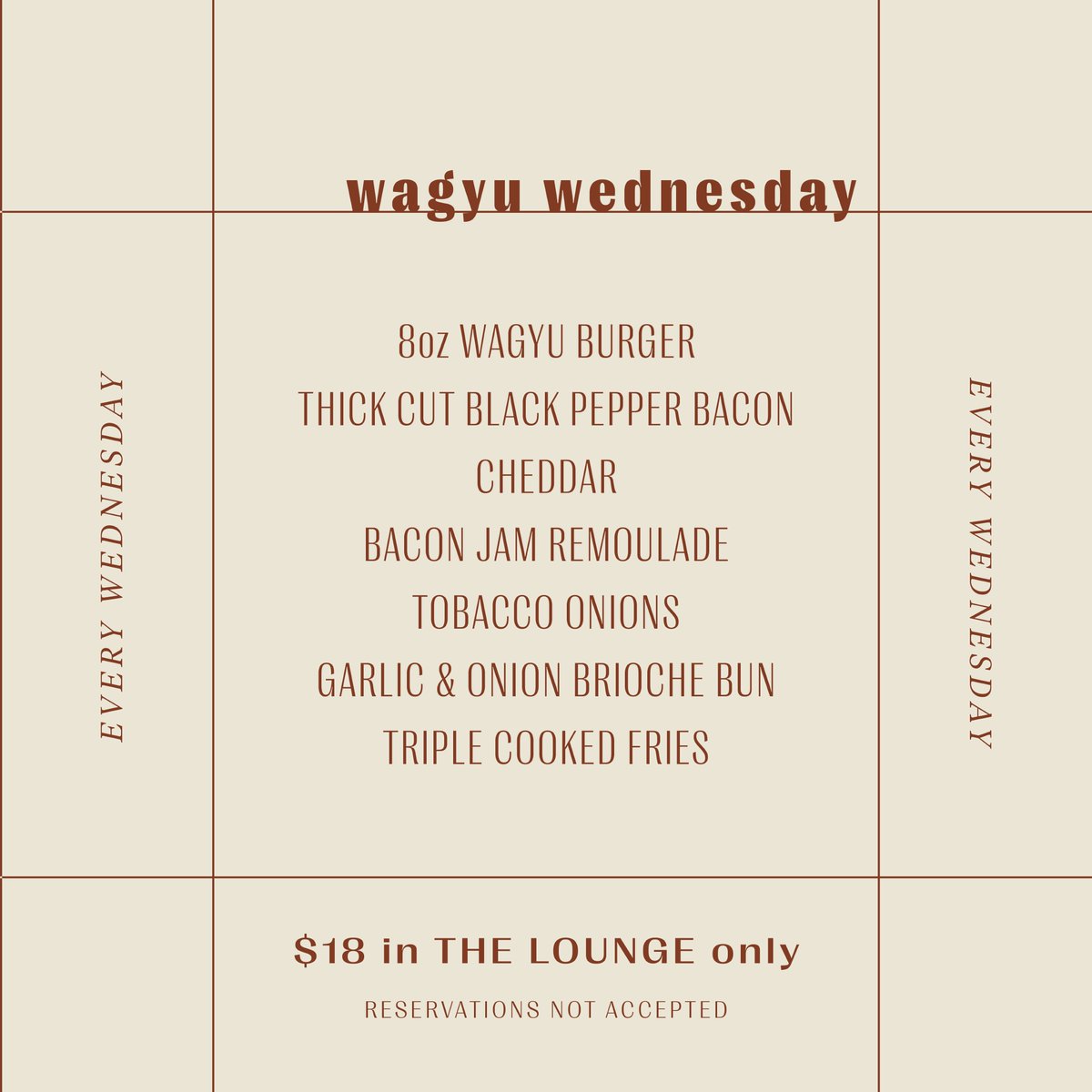 The juiciest mid-week treat. 🍔🍟

Available in The Lounge. Reservations are not accepted.