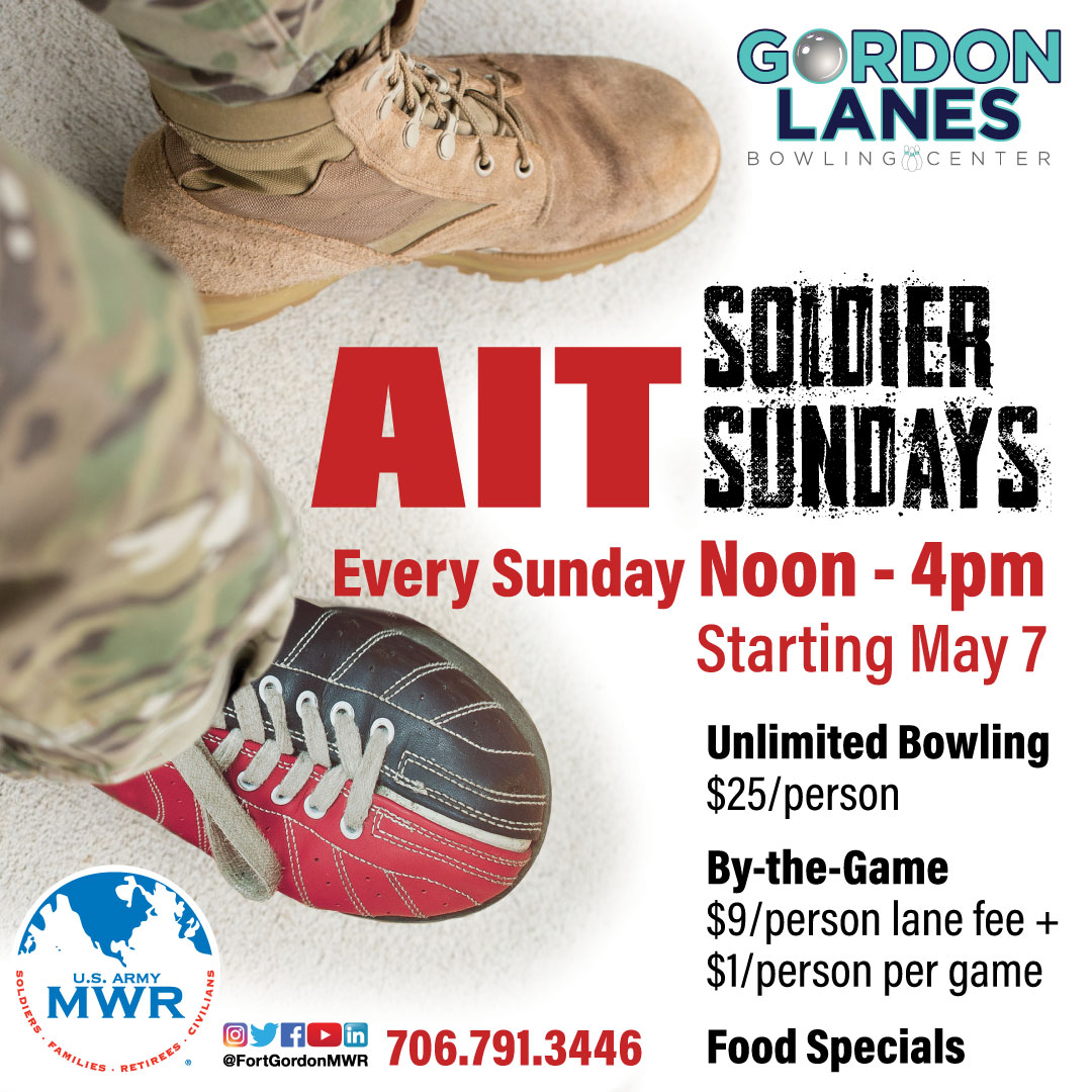 AIT Soldier Sundays is every Sunday from 12 pm -  4 pm. AIT can enjoy unlimited amount of games for $25 or, if you’re short on time, pay $10 per game/per person. For questions, please call  (706) 791-3446.

#GordonMWR #Bowling #GordonLanes #AIT