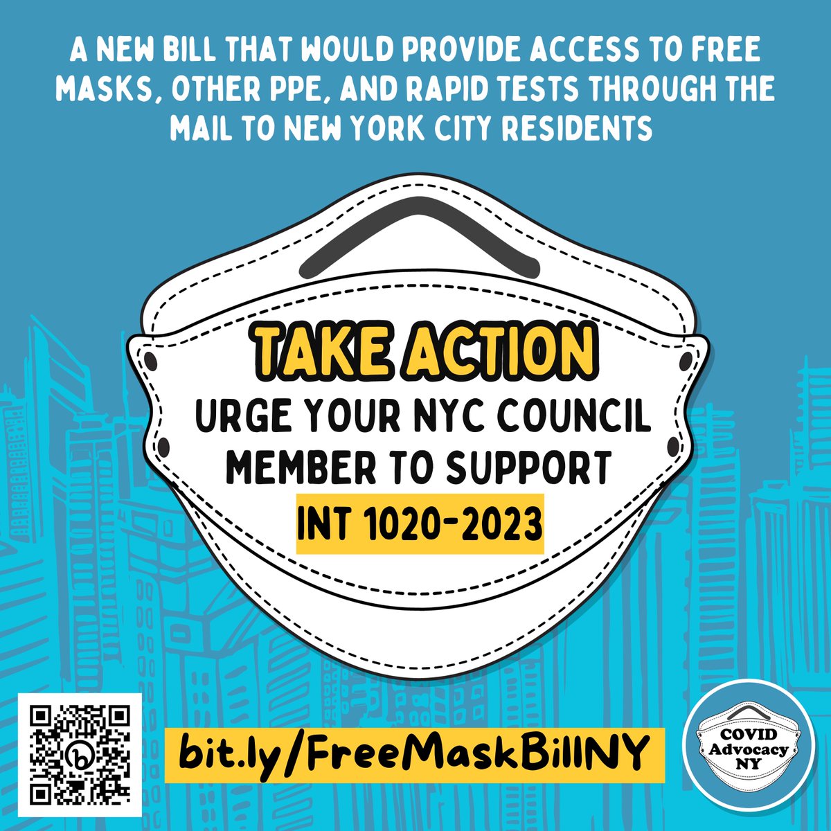 🚨 ACTION ALERT: There's an important new bill that would provide access to free masks, other PPE, & rapid tests through the mail to New York City residents: Int 1020-2023. We need YOUR help to get this bill passed! Contact NYC Council Members: bit.ly/FreeMaskBillNY #FreeN95s