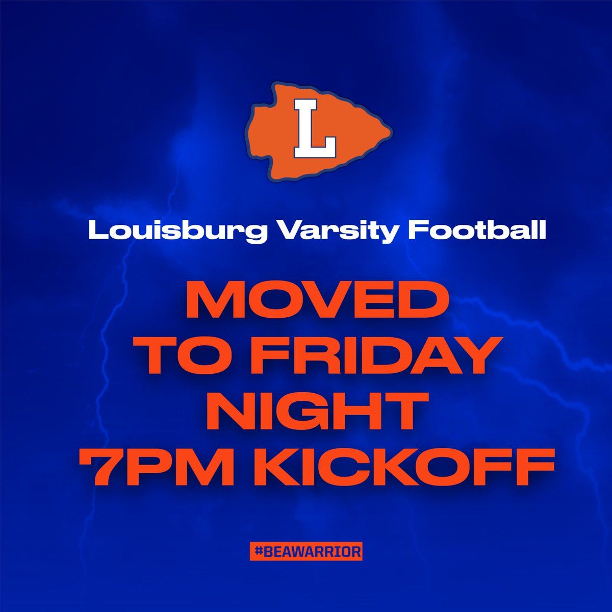 Louisburg Warriors Athletic Dept. (@lhsathleticsfcs) on Twitter photo All varsity football events (game, tailgate, Blue/Orange day) have been moved to Friday.
The JV game at Franklinton is still tomorrow at 6:30.
<a href="/FCSchoolsNC/">Franklin County Schools</a> <a href="/FHSRedRamsFB/">Franklinton Red Rams</a> <a href="/TarRiverPreps/">Matt Page (Tar River Preps)</a> All varsity football events (game, tailgate, Blue/Orange day) have been moved to Friday.
The JV game at Franklinton is still tomorrow at 6:30.
<a href="/FCSchoolsNC/">Franklin County Schools</a> <a href="/FHSRedRamsFB/">Franklinton Red Rams</a> <a href="/TarRiverPreps/">Matt Page (Tar River Preps)</a>