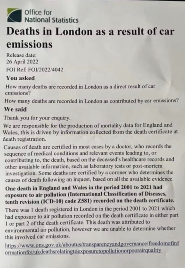 @SkyNews ONE death in LONDON over TWENTY years has 'exposure to air pollution' recorded on their death certificate. As tragic as that one death might be, it is one death.