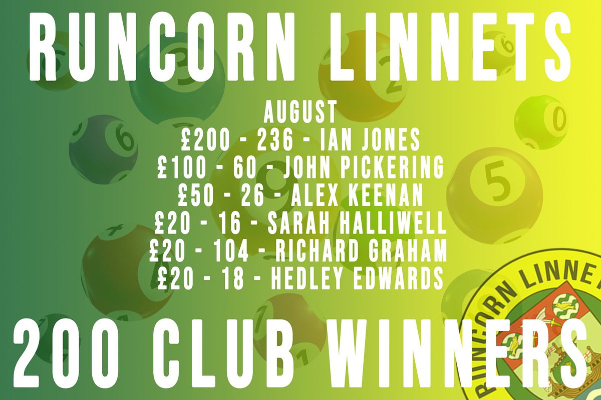 Your <a href="/RuncornLinnets/">Runcorn Linnets FC</a> August 200 Club Draw took place on Monday drawn by Will Saxon in the clubhouse please get in touch for payment 
Thank you and well done to all winners 💛💚