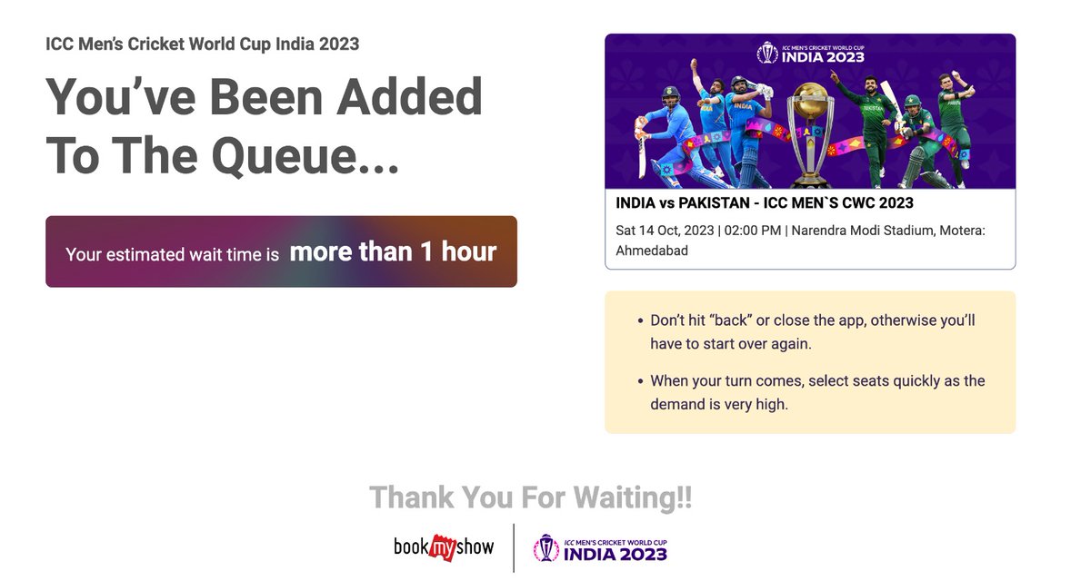 RtrMadhav's tweet photo. The whole idea of online booking is to let people book tickets on the go &amp; avoid waiting in queue. @bookmyshow has served exactly the opposite🤡

#ICCWorldCup2023 #INDvsPAK #INDvsAUS #CWC2023 #ICC #BCCI https://t.co/dLlMjtbb5W