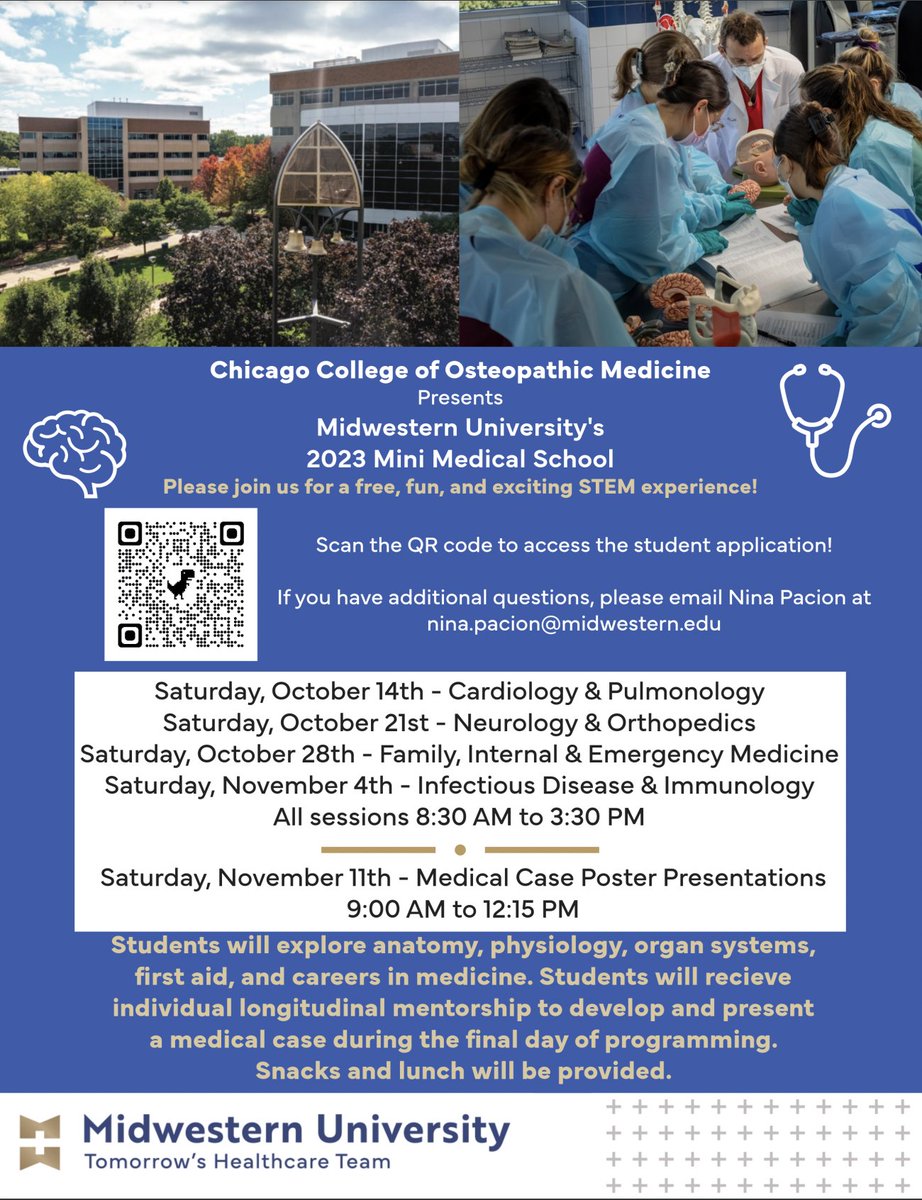 Hey Rams! Are you interested in health sciences? Check out this awesome, free, local, experiential opportunity provided by Midwestern University. Don't delay, applications are due on 9/13! #experienceisthebestteacher